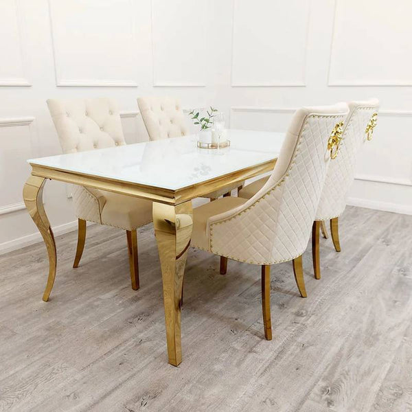 Clara Gold  Cream Dining Table Set with Velvet Lion-Head 4 Chairs