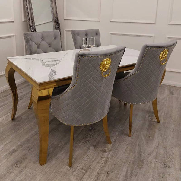 Clara Gold Grey Dining Table Set with Velvet Lion-Head 4 Chairs