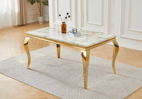 Clara Off-White Golden Lines Dining Table Shiny