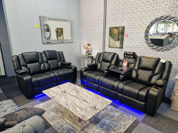Orlando Electric Recliner Sofa Set – Black & Gray Leather with USB & Cup Holder
