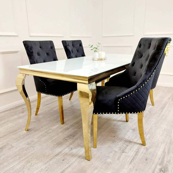 Clara Gold Black Dining Table Set with Velvet Lion-Head 4 Chairs