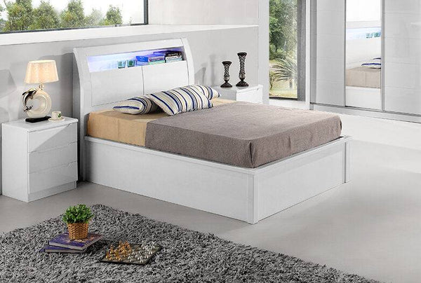 Rugby Ottoman Strong Storage wooden Bed Frame with LED lights | Headboard Storage | Bluetooth Speaker | Wireless Charging